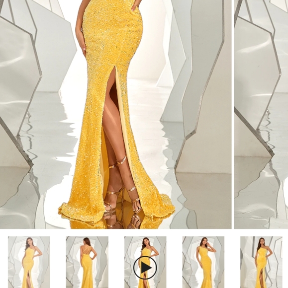 Sunflower Yellow Sequin One Shoulder Mermaid Gown - Picture 10 of 11